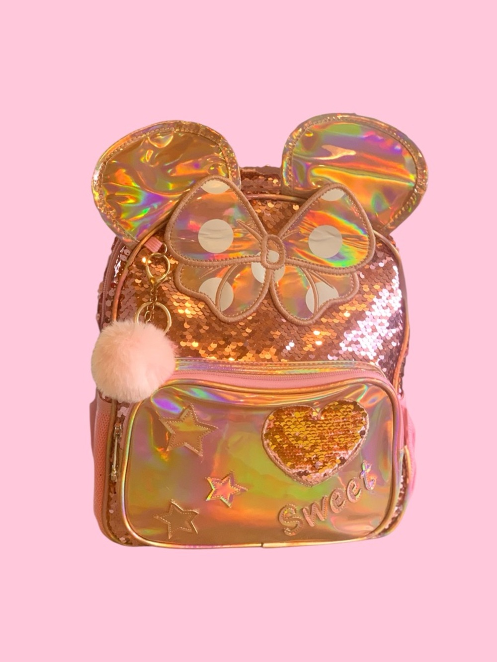 Jasmine Brand Minnie Mouse Iridescent Pink Sequin Bow Kids Backpack - Picture 6 of 8